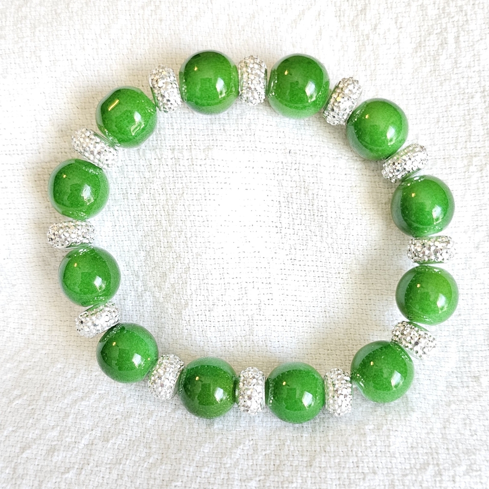 Silver and Green Jade Beaded Bracelet